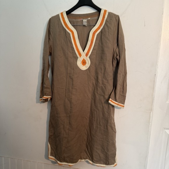 Lucky Brand Dresses & Skirts - Lucky Brand Linen Dress Small Boho Tunic Taupe Embroidered V Neck Beach Resort
